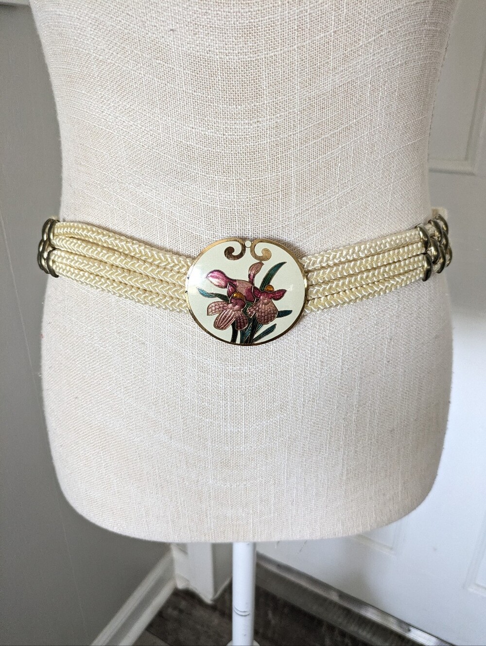 Gorgeous Vintage Woven Silk Rope Belt with Cloisonne Buckle Orchid Floral Cream